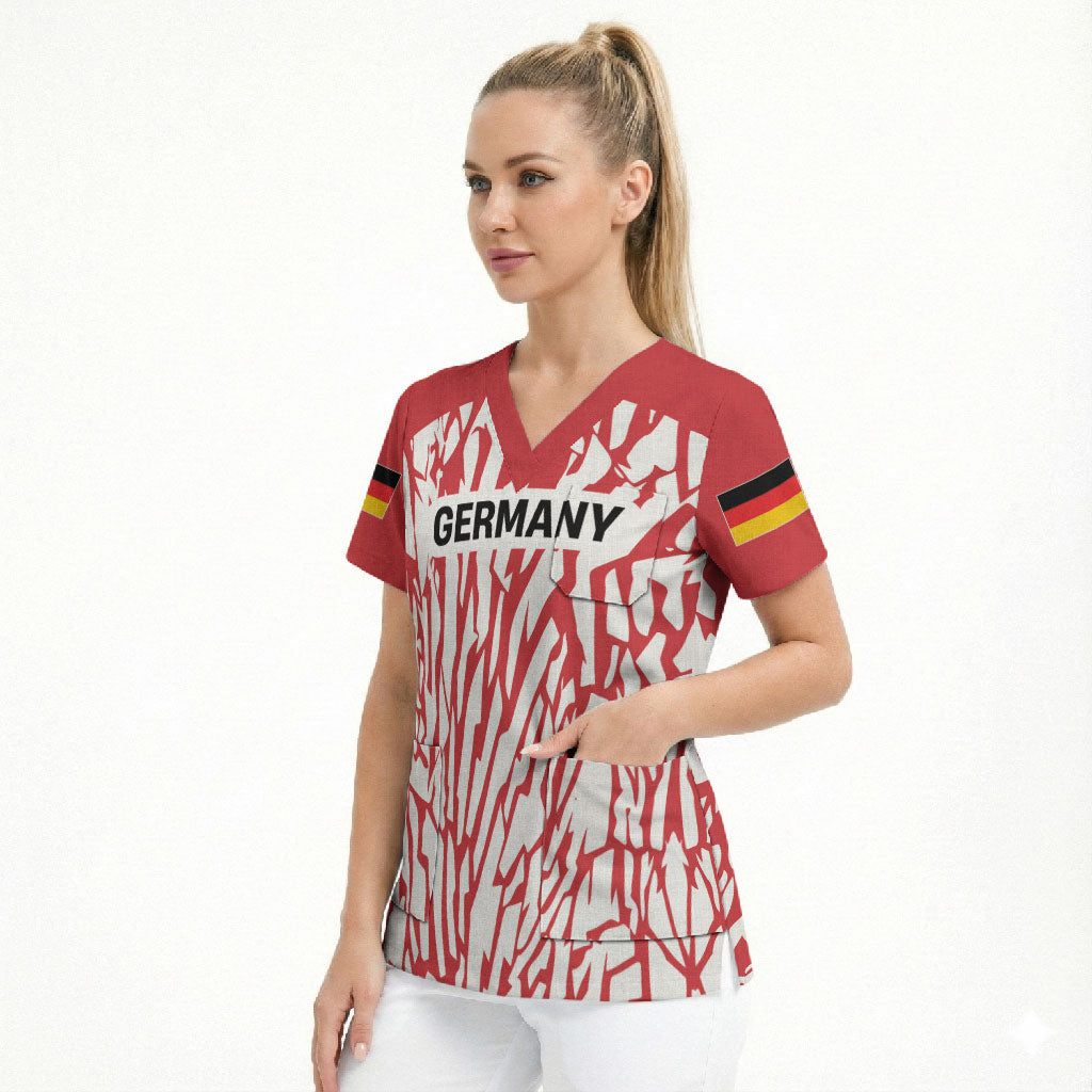 Custom German European Football Champions Scrub Top Abstract Lightning Rot Weiss