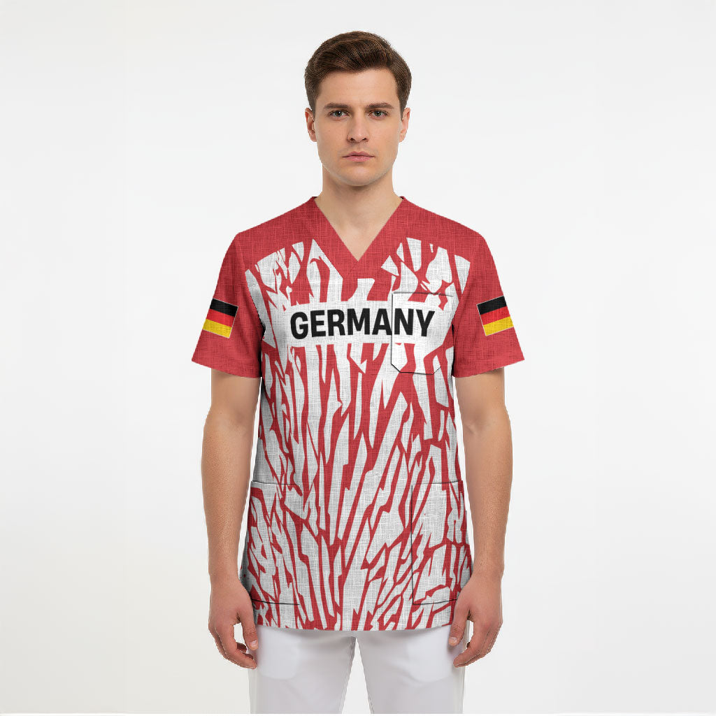 Custom German European Football Champions Scrub Top Abstract Lightning Rot Weiss