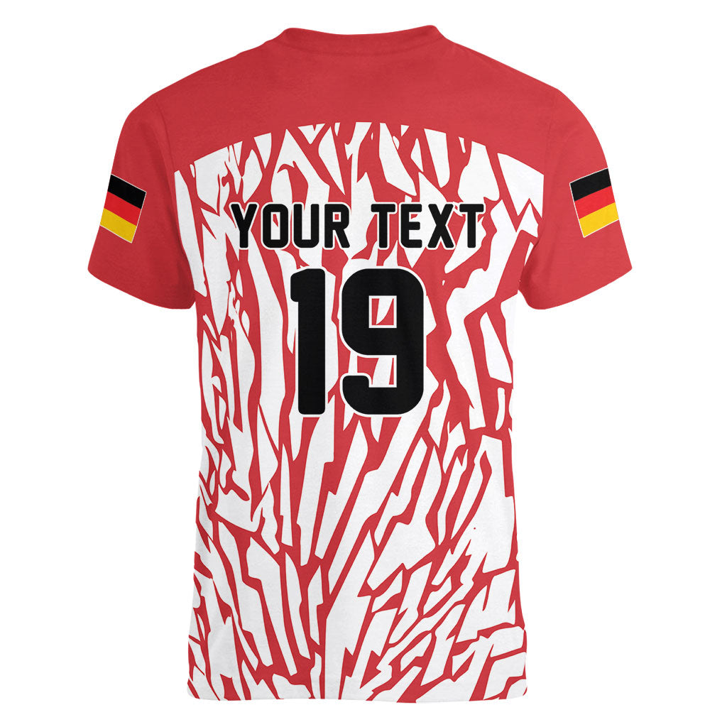 Custom German European Football Champions Women V-Neck T-Shirt Abstract Lightning Rot Weiss