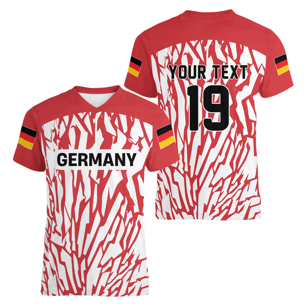 Custom German European Football Champions Women V-Neck T-Shirt Abstract Lightning Rot Weiss