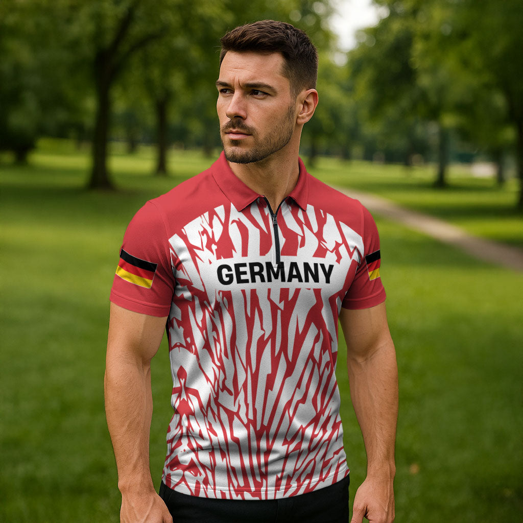Custom German European Football Champions Zipper Polo Shirt Abstract Lightning Rot Weiss