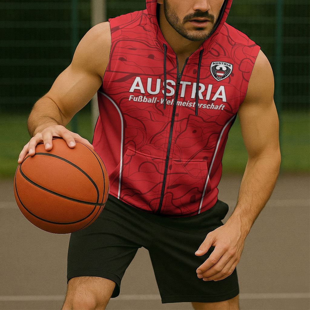 Custom World Football 2026 Austria Sleeveless Zip Hoodie Fussball WM Gemma Burschen Red Glory