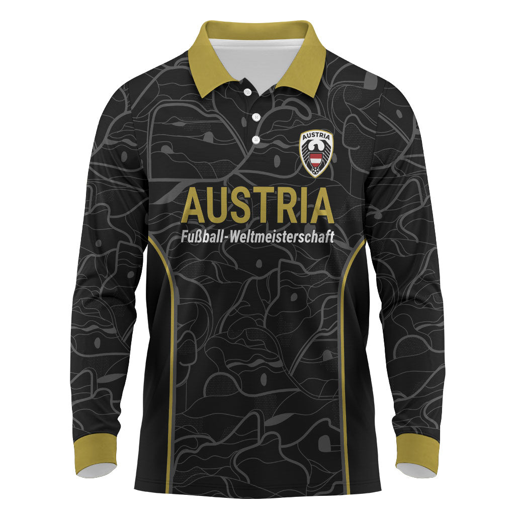 Custom World Football 2026 Austria Long Sleeve Polo Shirt Fussball WM Gemma Burschen Black Glory