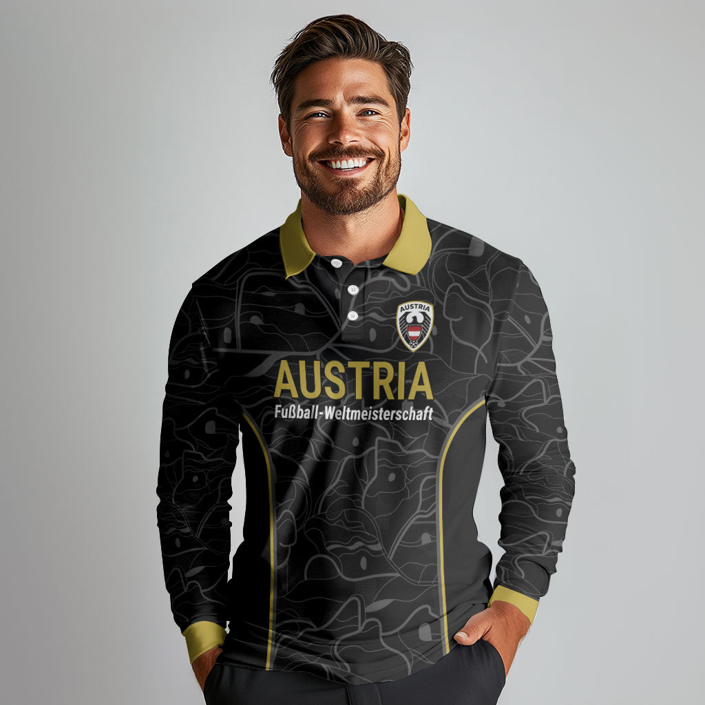 Custom World Football 2026 Austria Long Sleeve Polo Shirt Fussball WM Gemma Burschen Black Glory