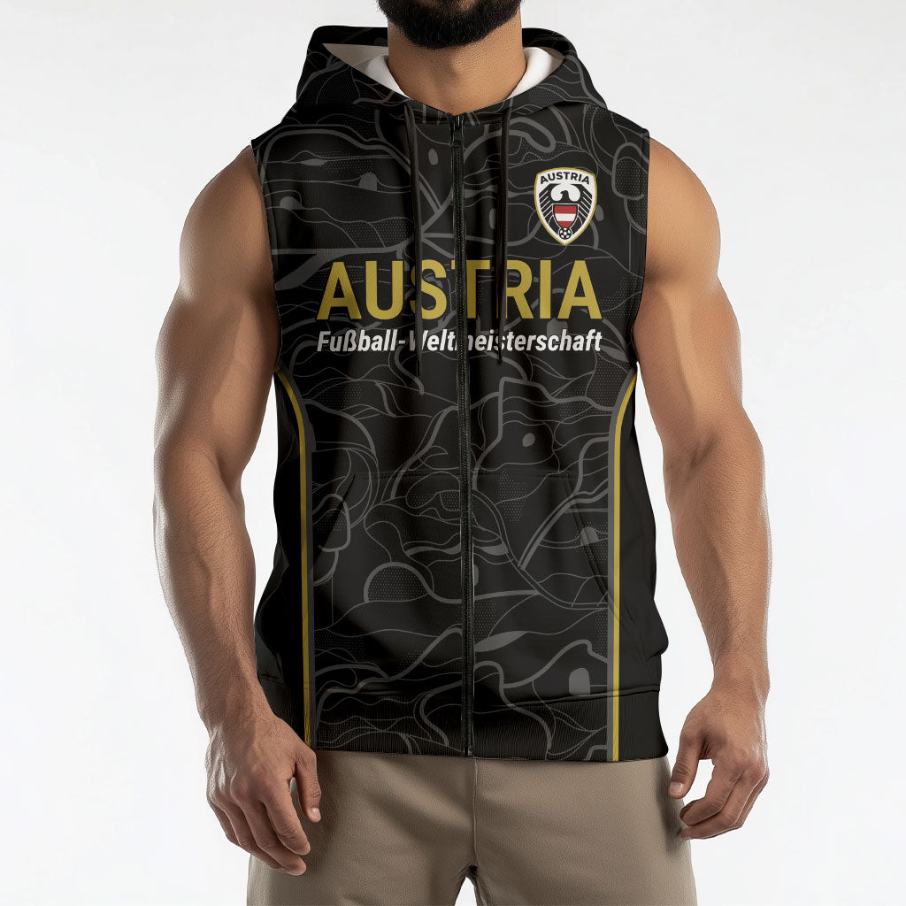 Custom World Football 2026 Austria Sleeveless Zip Hoodie Fussball WM Gemma Burschen Black Glory
