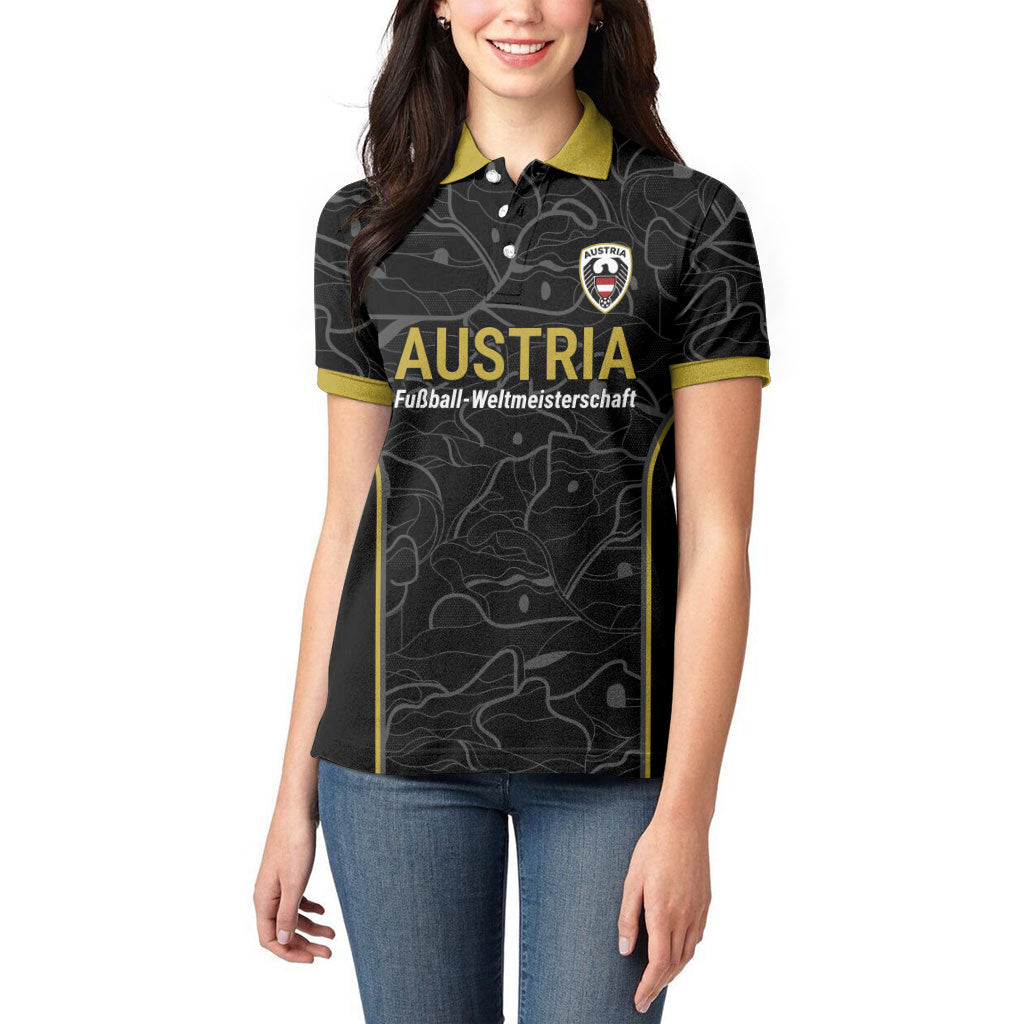 Custom World Football 2026 Austria Women Polo Shirt Fussball WM Gemma Burschen Black Glory