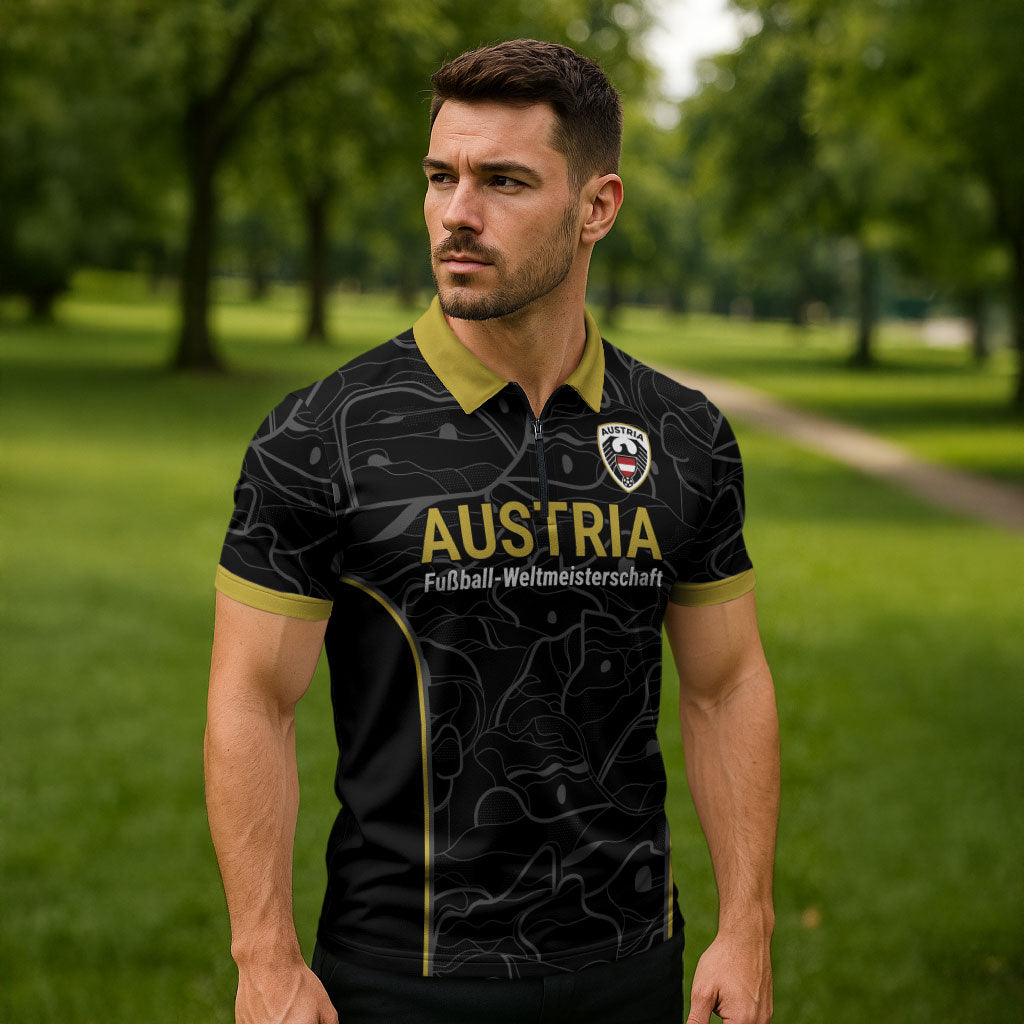 Custom World Football 2026 Austria Zipper Polo Shirt Fussball WM Gemma Burschen Black Glory
