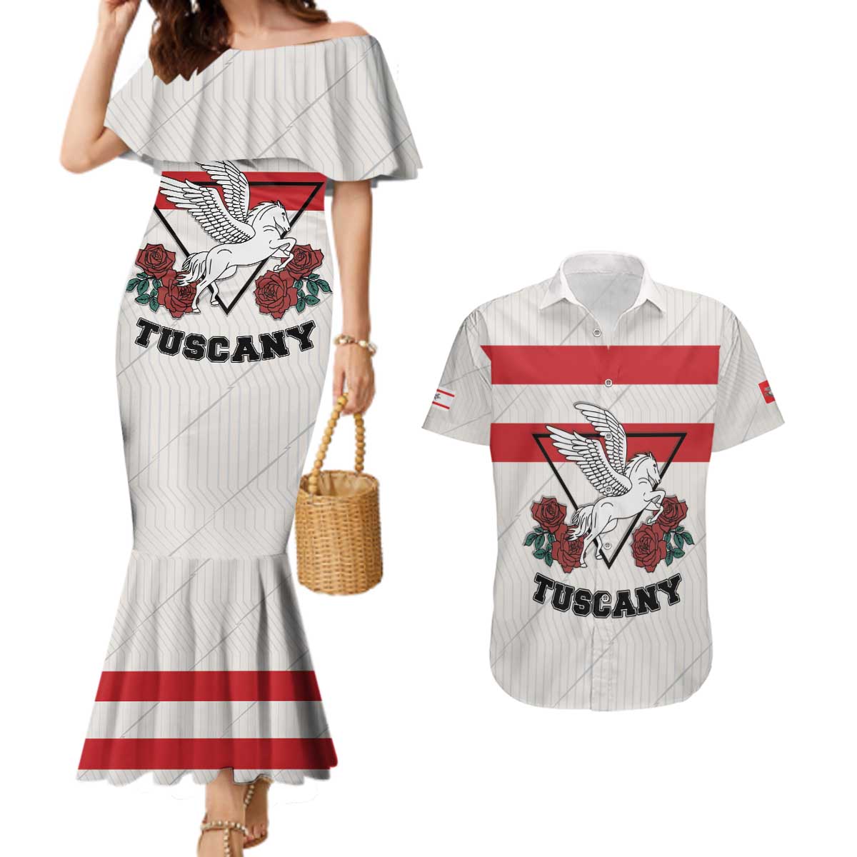 Italy Tuscany Couples Matching Mermaid Dress and Hawaiian Shirt Pegasus With Map Style LT19