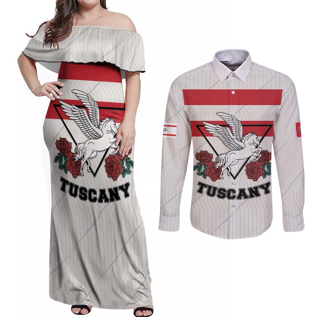 Italy Tuscany Couples Matching Off Shoulder Maxi Dress and Long Sleeve Button Shirt Pegasus With Map Style LT19