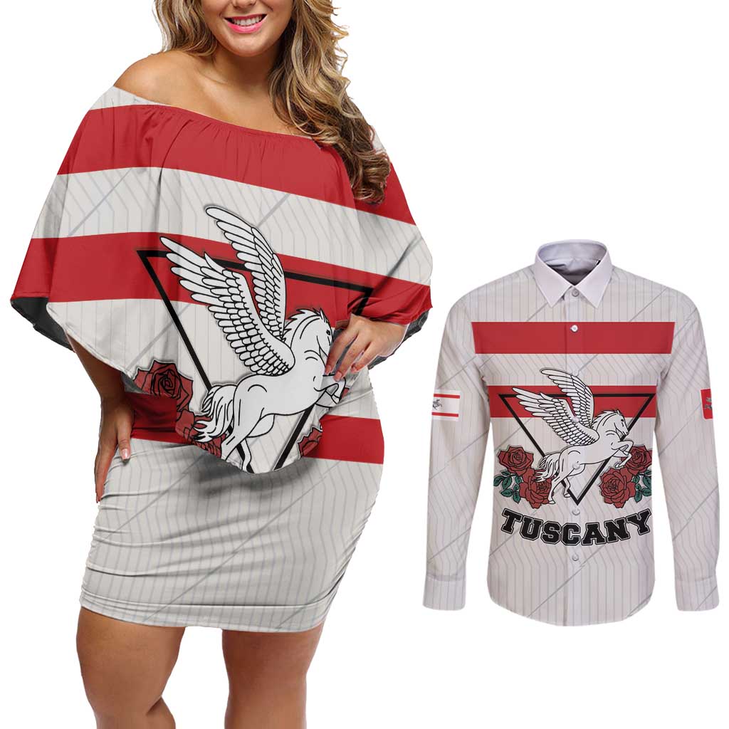 Italy Tuscany Couples Matching Off Shoulder Short Dress and Long Sleeve Button Shirt Pegasus With Map Style LT19