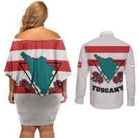 Italy Tuscany Couples Matching Off Shoulder Short Dress and Long Sleeve Button Shirt Pegasus With Map Style LT19