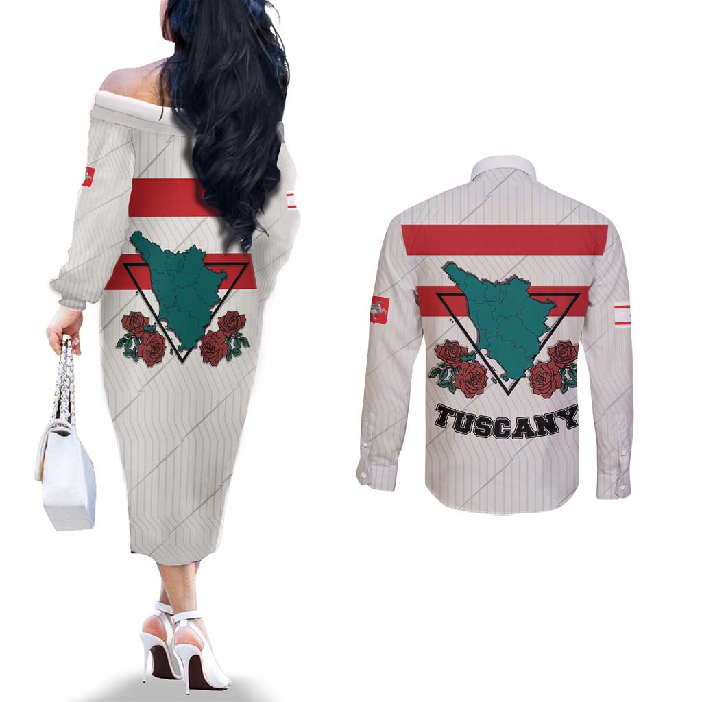 Italy Tuscany Couples Matching Off The Shoulder Long Sleeve Dress and Long Sleeve Button Shirt Pegasus With Map Style LT19