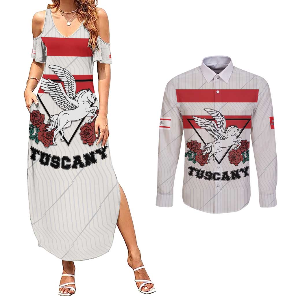 Italy Tuscany Couples Matching Summer Maxi Dress and Long Sleeve Button Shirt Pegasus With Map Style LT19