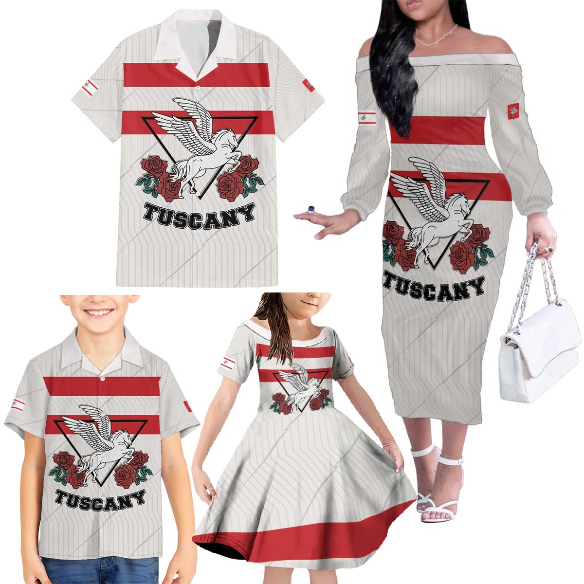 Italy Tuscany Family Matching Off The Shoulder Long Sleeve Dress and Hawaiian Shirt Pegasus With Map Style LT19