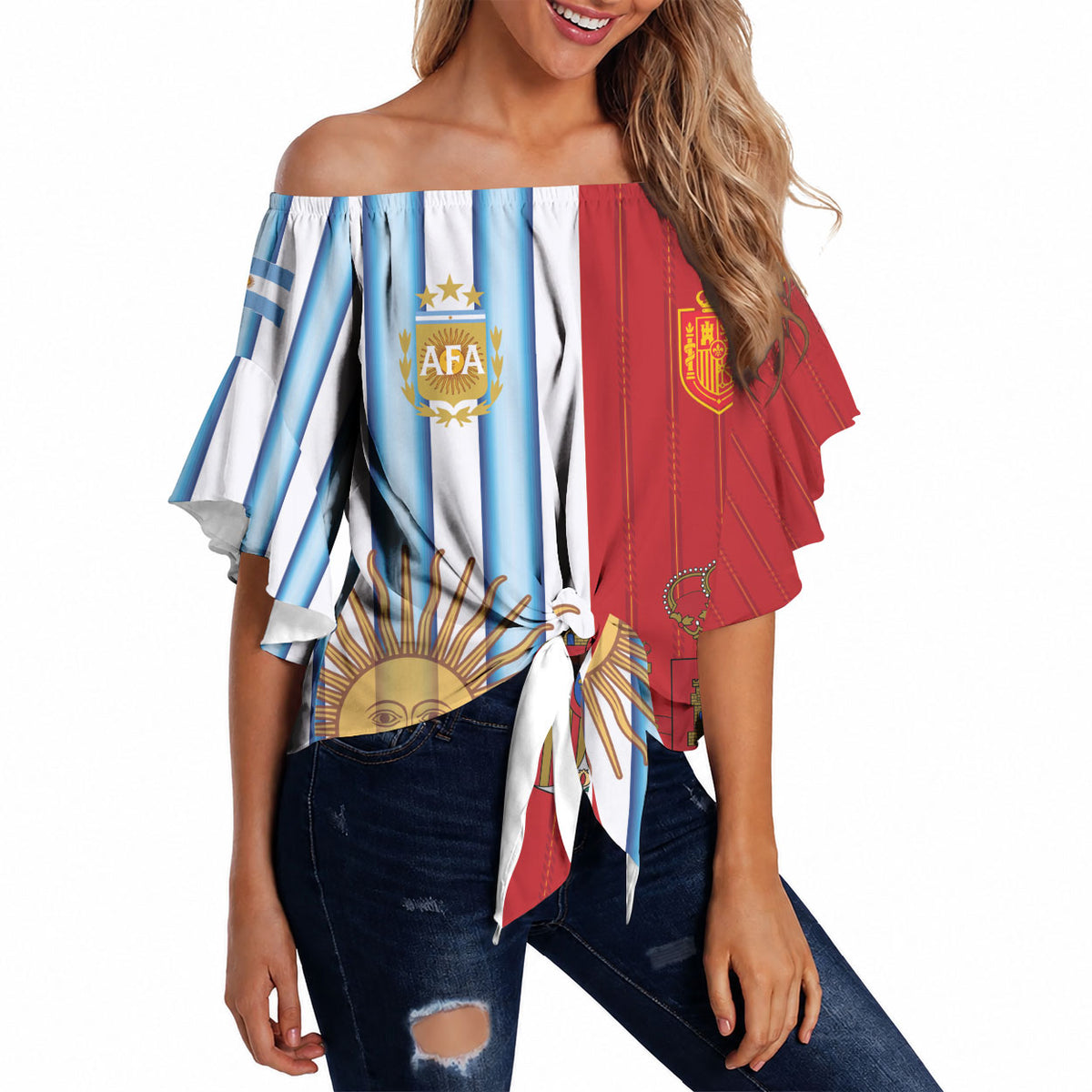 Custom Argentina Spain 2026 World Final Football Off Shoulder Wrap Waist Top Road To Glory