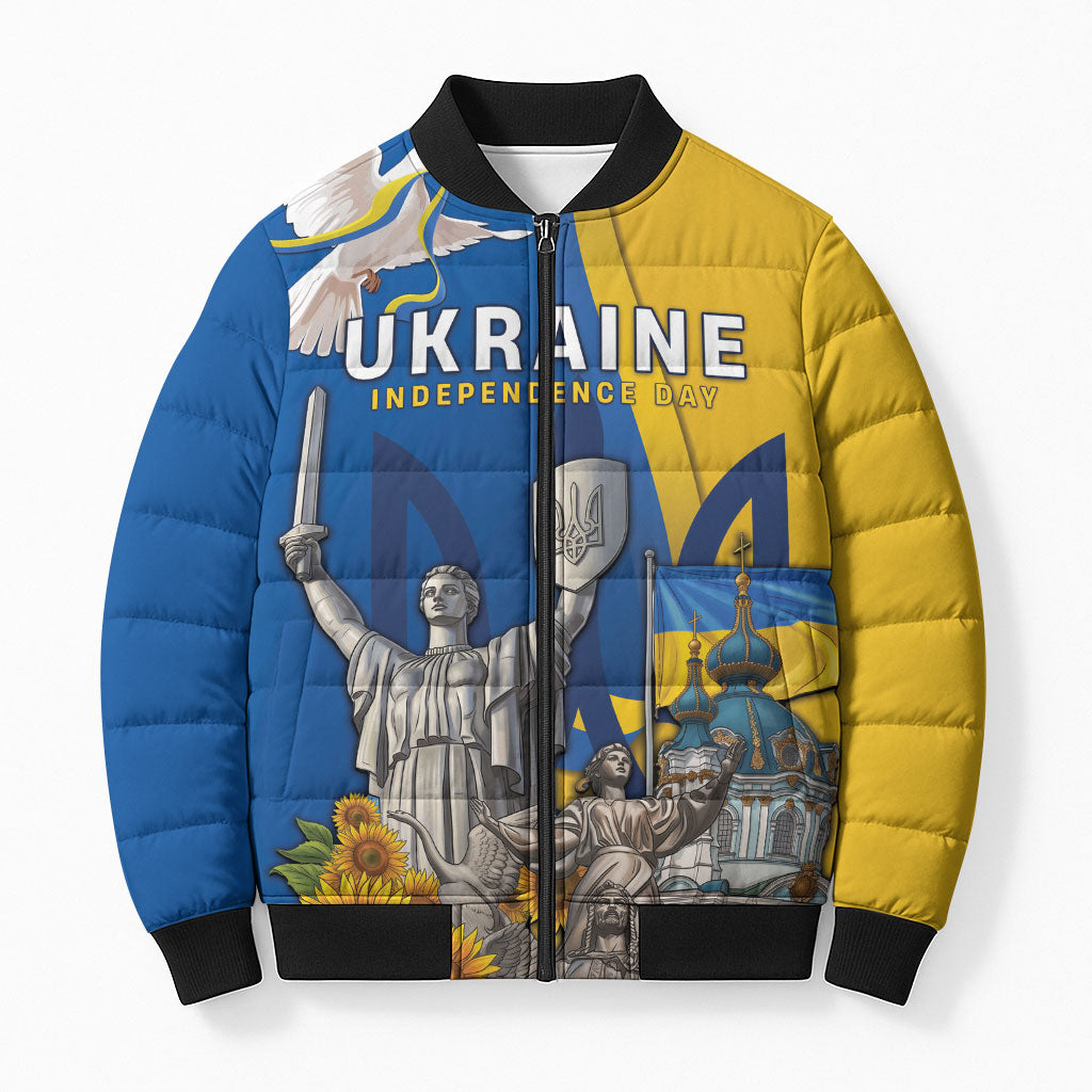 Personalized Ukraine Independence Day Bomber Puffer Jacket Tryzub Heritage Freedom Pride