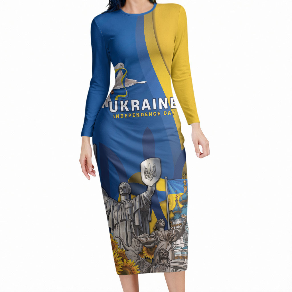 Personalized Ukraine Independence Day Long Sleeve Bodycon Dress Tryzub Heritage Freedom Pride