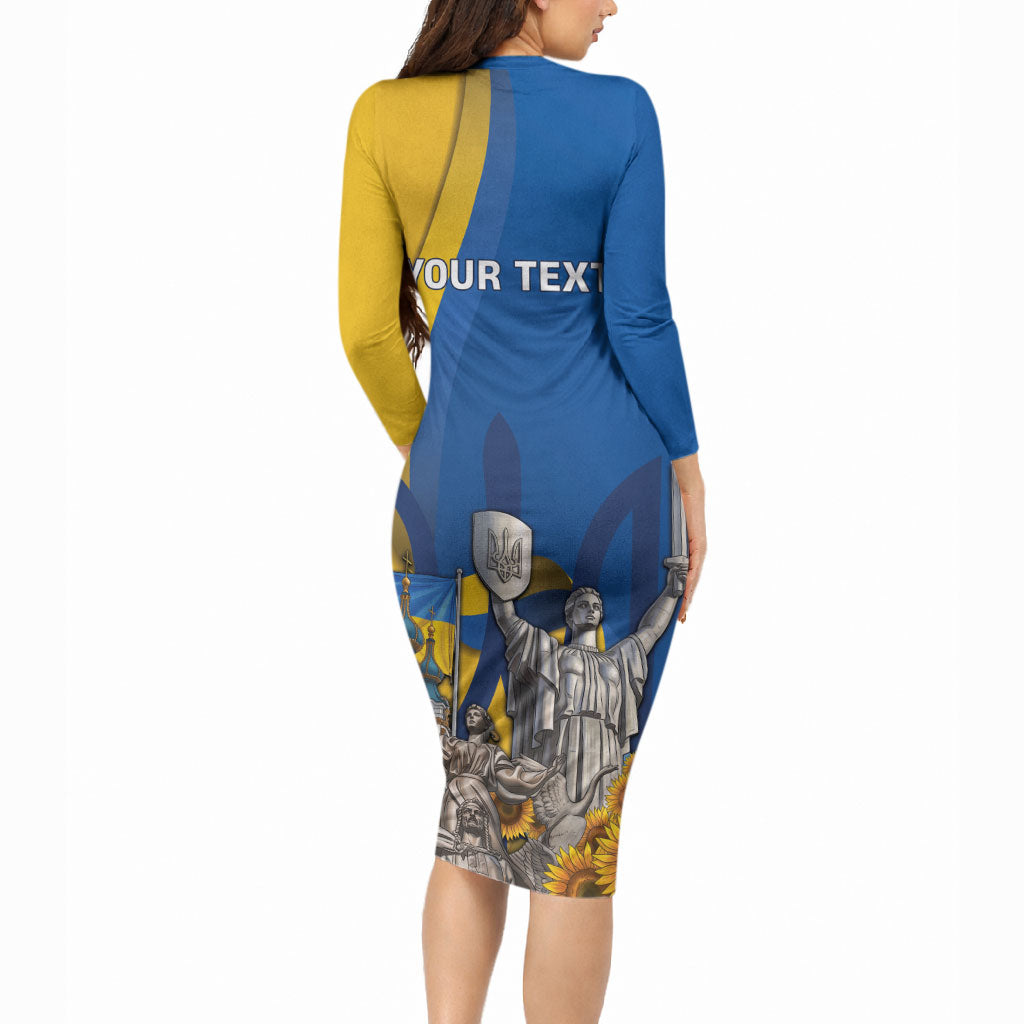 Personalized Ukraine Independence Day Long Sleeve Bodycon Dress Tryzub Heritage Freedom Pride