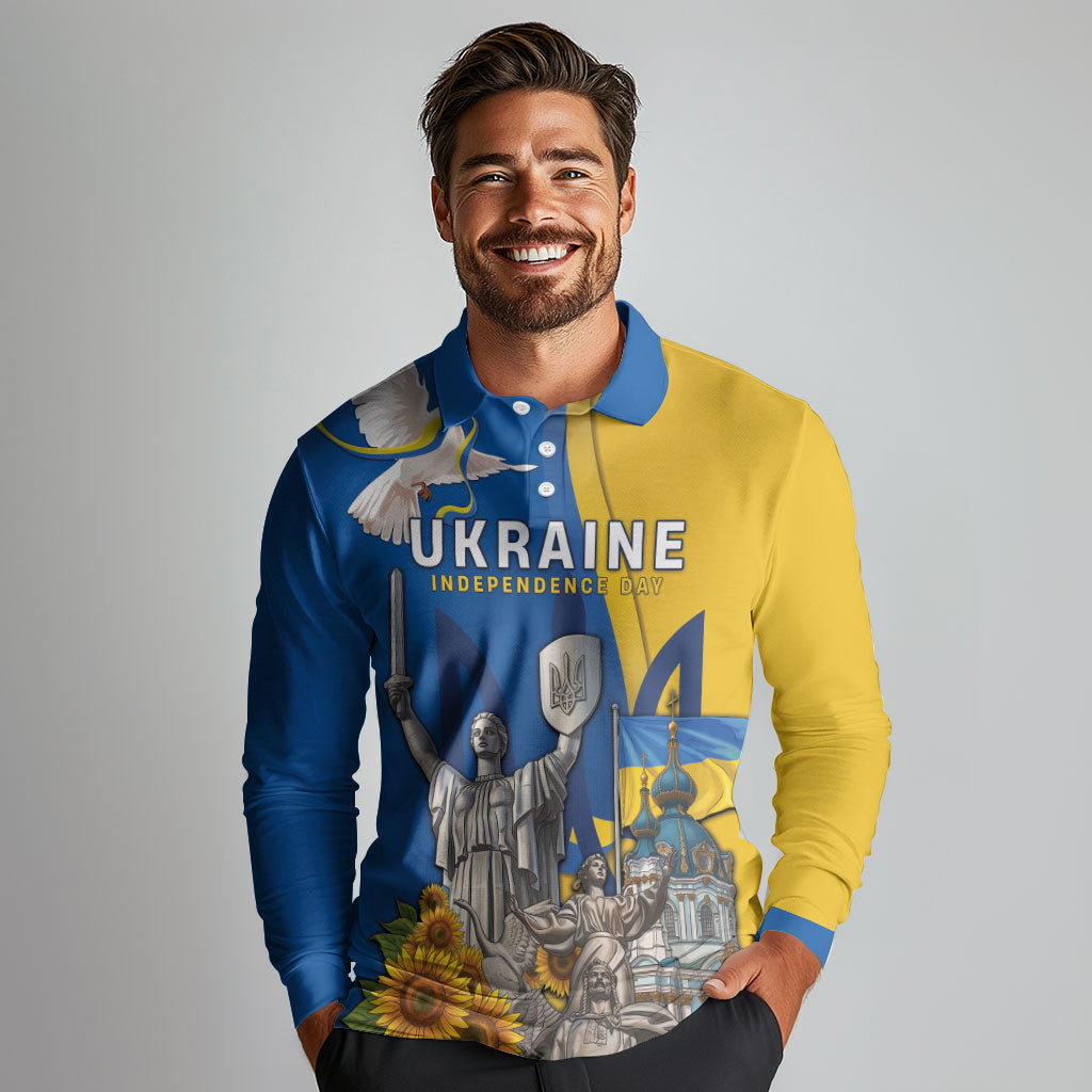 Personalized Ukraine Independence Day Long Sleeve Polo Shirt Tryzub Heritage Freedom Pride