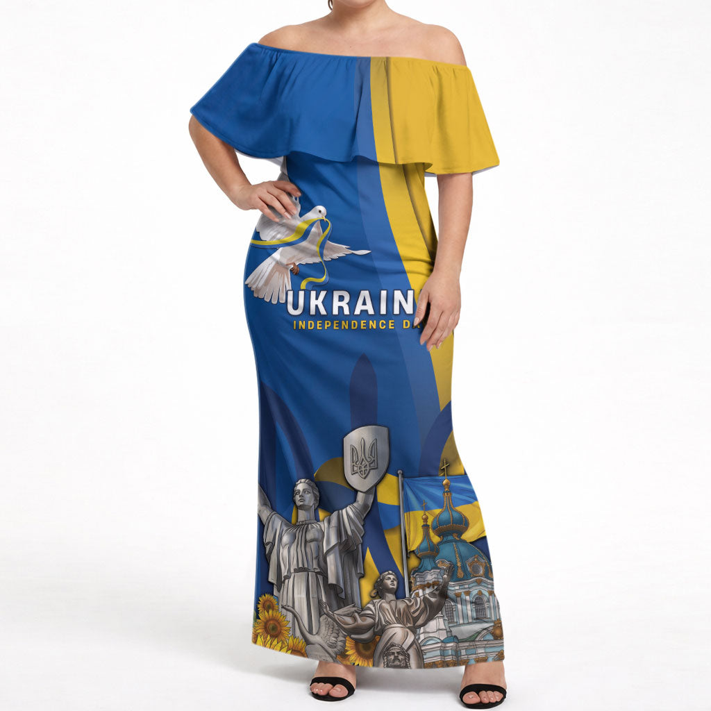 Personalized Ukraine Independence Day Off Shoulder Maxi Dress Tryzub Heritage Freedom Pride