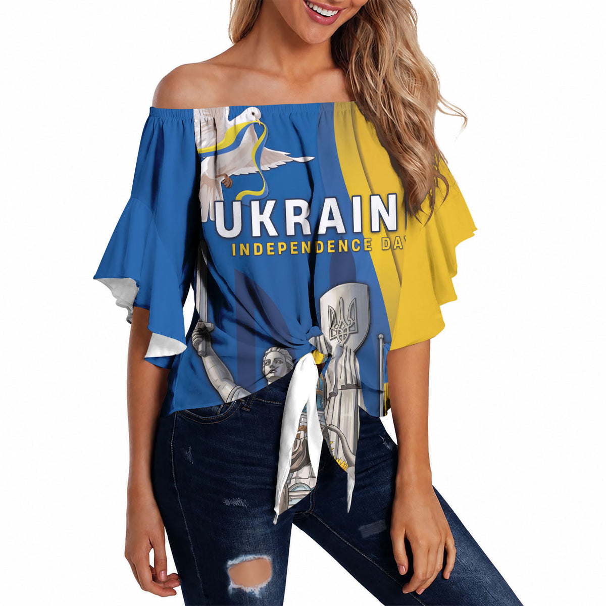 Personalized Ukraine Independence Day Off Shoulder Wrap Waist Top Tryzub Heritage Freedom Pride