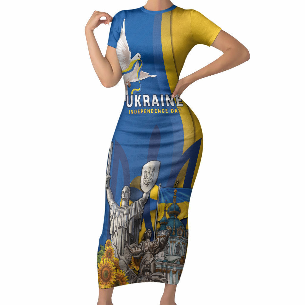 Personalized Ukraine Independence Day Short Sleeve Bodycon Dress Tryzub Heritage Freedom Pride