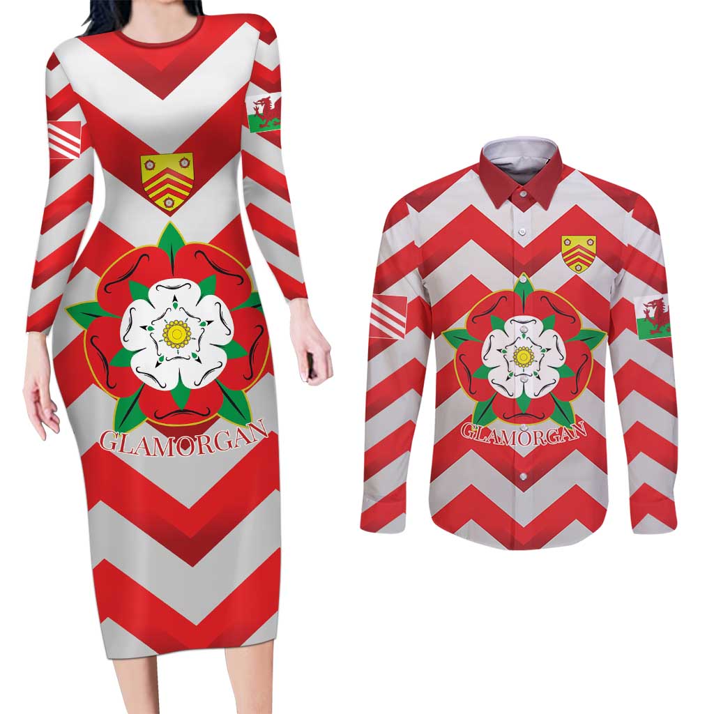 Personalized Glamorgan Wales Couples Matching Long Sleeve Bodycon Dress and Long Sleeve Button Shirt The Tudor Rose Of Wales - Wonder Print Shop