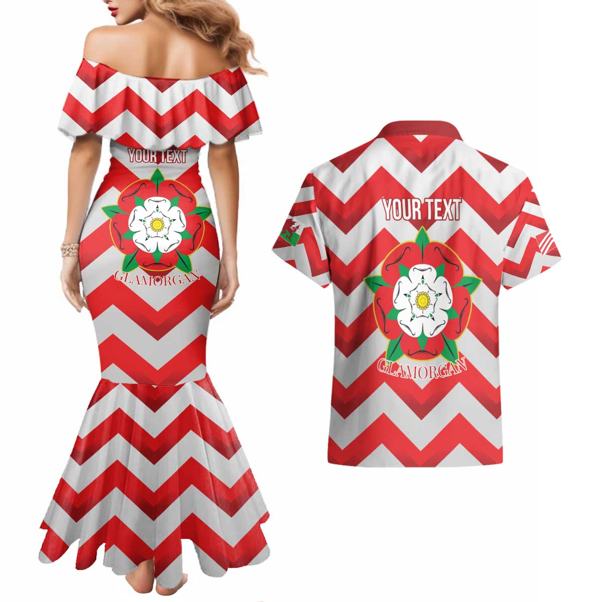 Personalized Glamorgan Wales Couples Matching Mermaid Dress and Hawaiian Shirt The Tudor Rose Of Wales - Wonder Print Shop