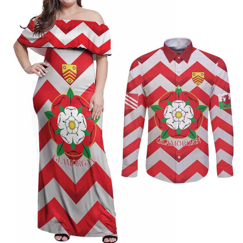 Personalized Glamorgan Wales Couples Matching Off Shoulder Maxi Dress and Long Sleeve Button Shirt The Tudor Rose Of Wales - Wonder Print Shop