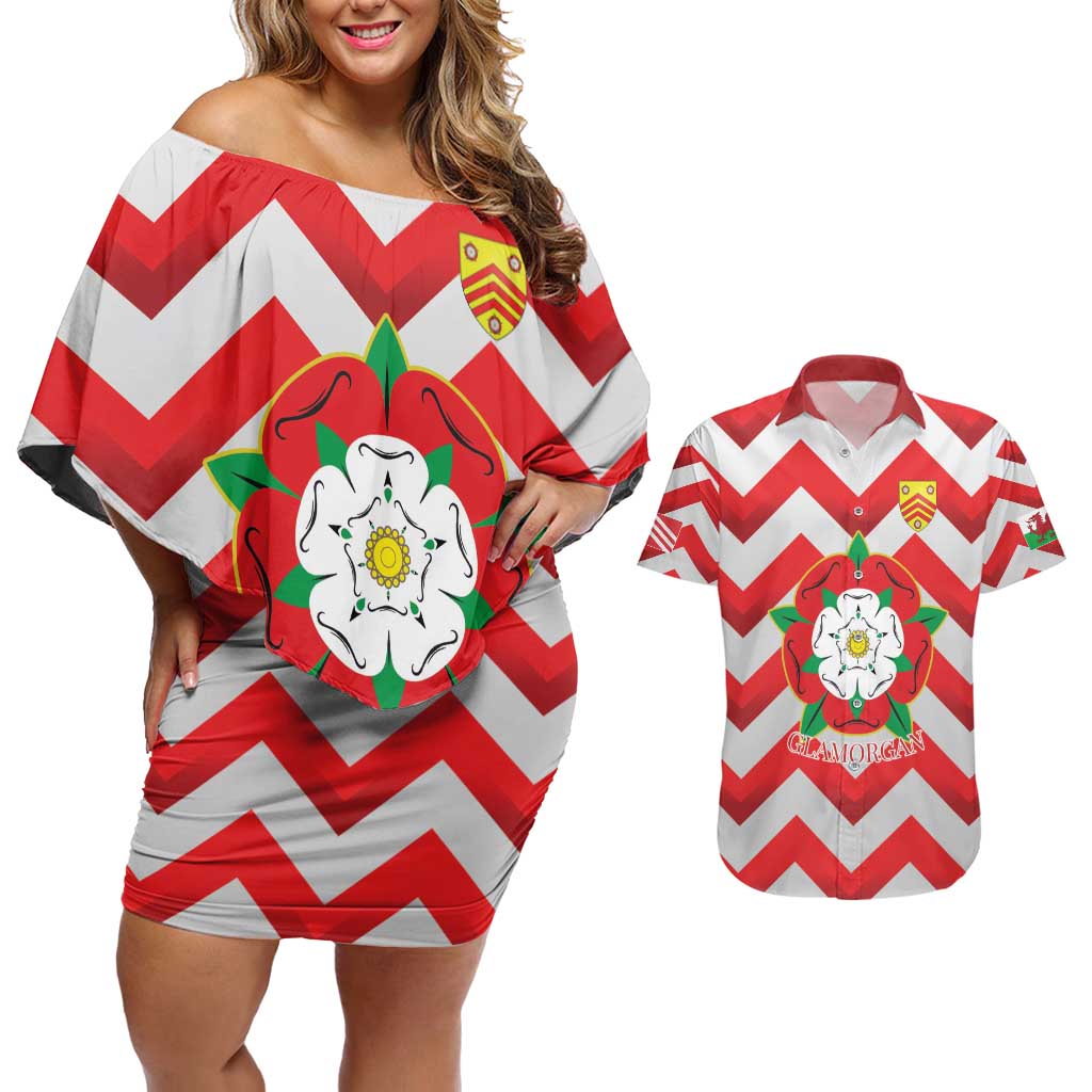 Personalized Glamorgan Wales Couples Matching Off Shoulder Short Dress and Hawaiian Shirt The Tudor Rose Of Wales - Wonder Print Shop