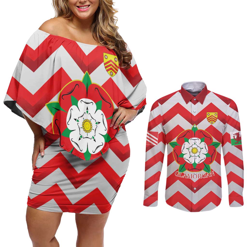 Personalized Glamorgan Wales Couples Matching Off Shoulder Short Dress and Long Sleeve Button Shirt The Tudor Rose Of Wales - Wonder Print Shop