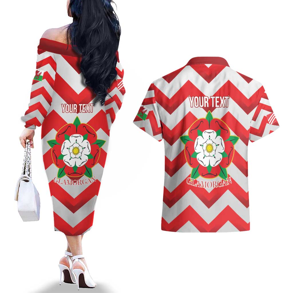Personalized Glamorgan Wales Couples Matching Off The Shoulder Long Sleeve Dress and Hawaiian Shirt The Tudor Rose Of Wales - Wonder Print Shop
