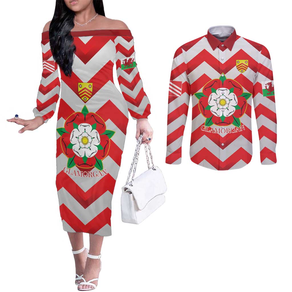 Personalized Glamorgan Wales Couples Matching Off The Shoulder Long Sleeve Dress and Long Sleeve Button Shirt The Tudor Rose Of Wales - Wonder Print Shop