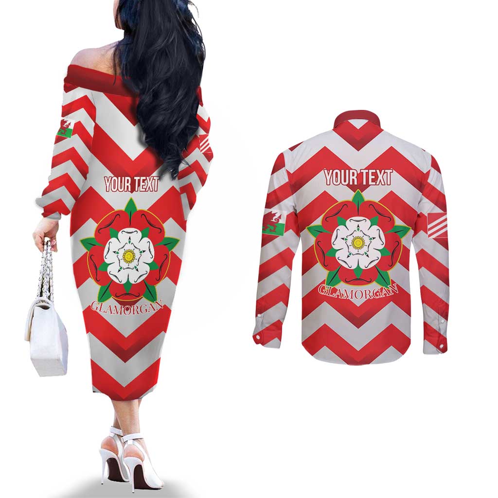 Personalized Glamorgan Wales Couples Matching Off The Shoulder Long Sleeve Dress and Long Sleeve Button Shirt The Tudor Rose Of Wales - Wonder Print Shop