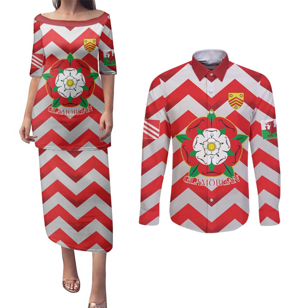Personalized Glamorgan Wales Couples Matching Puletasi and Long Sleeve Button Shirt The Tudor Rose Of Wales - Wonder Print Shop