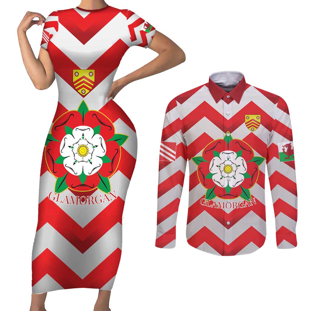 Personalized Glamorgan Wales Couples Matching Short Sleeve Bodycon Dress and Long Sleeve Button Shirt The Tudor Rose Of Wales - Wonder Print Shop