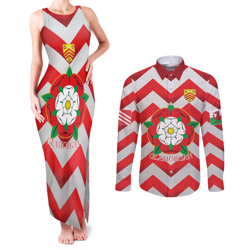Personalized Glamorgan Wales Couples Matching Tank Maxi Dress and Long Sleeve Button Shirt The Tudor Rose Of Wales - Wonder Print Shop