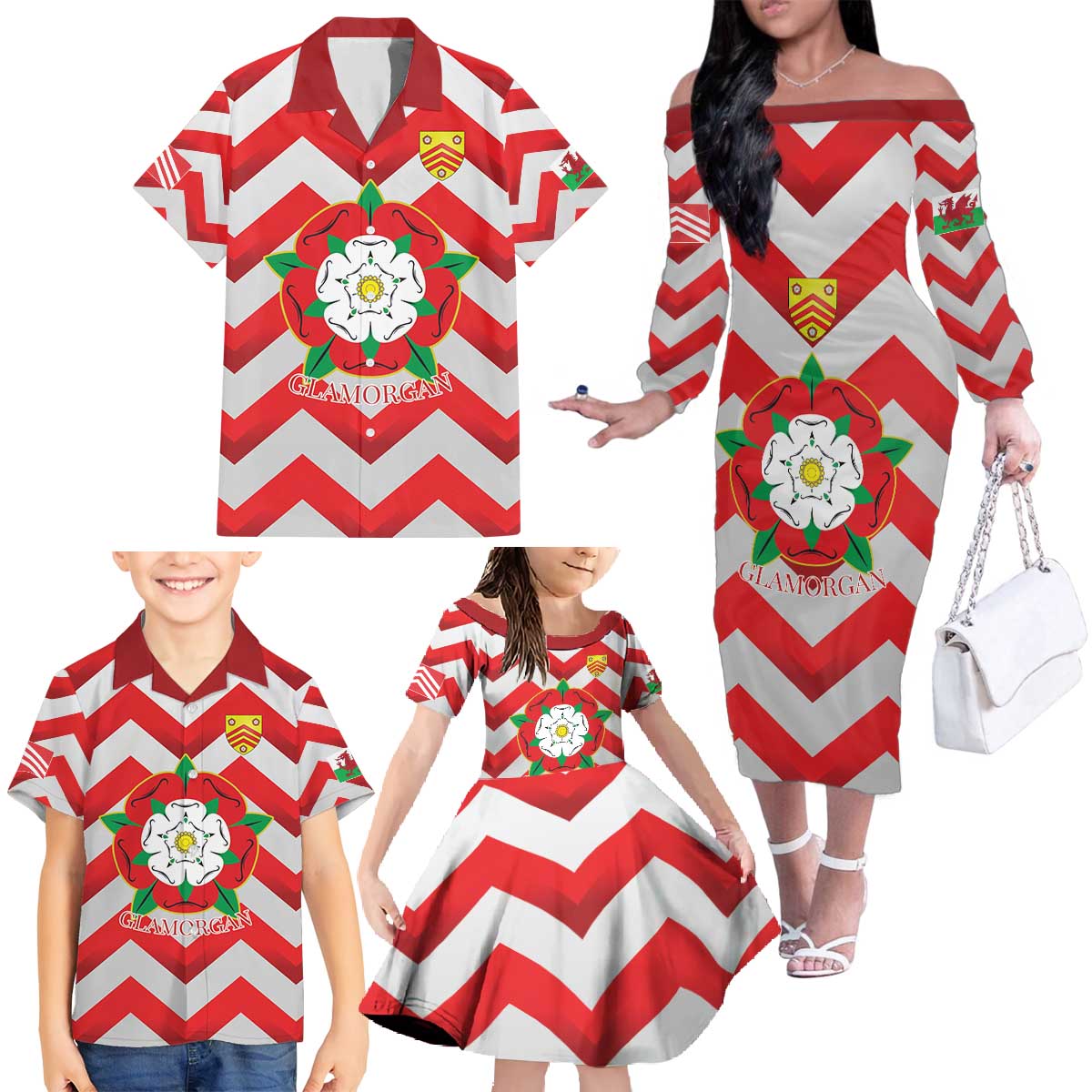 Personalized Glamorgan Wales Family Matching Off The Shoulder Long Sleeve Dress and Hawaiian Shirt The Tudor Rose Of Wales - Wonder Print Shop
