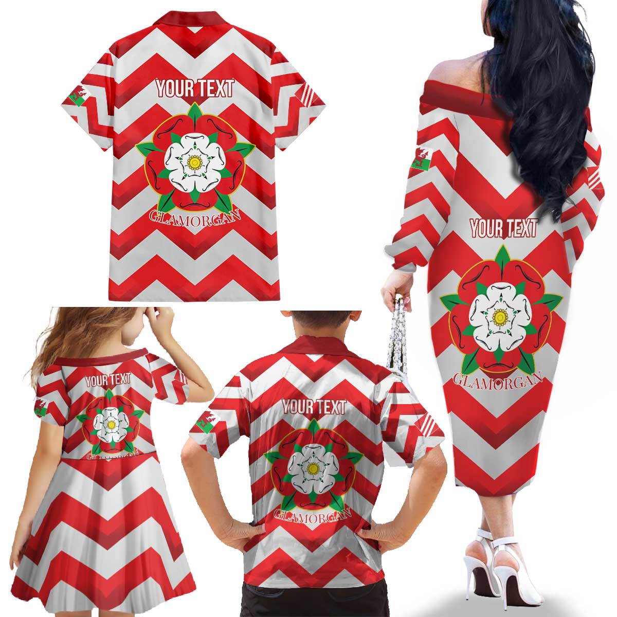 Personalized Glamorgan Wales Family Matching Off The Shoulder Long Sleeve Dress and Hawaiian Shirt The Tudor Rose Of Wales - Wonder Print Shop