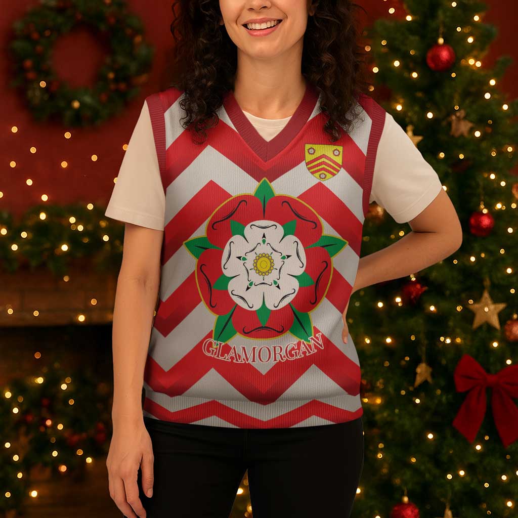 Personalized Glamorgan Wales Christmas Knitted V-Neck Vest The Tudor Rose Of Wales - Wonder Print Shop