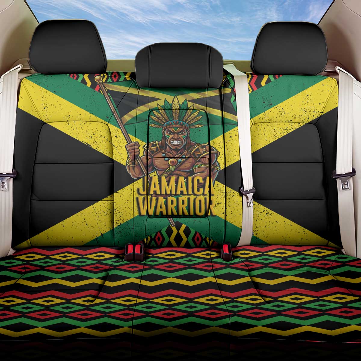 Jamaica Warrior Spirit Back Car Seat Cover Tribal Fighter in Reggae Colors - Wonder Print Shop