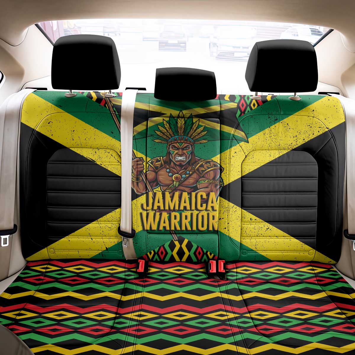 Jamaica Warrior Spirit Back Car Seat Cover Tribal Fighter in Reggae Colors - Wonder Print Shop
