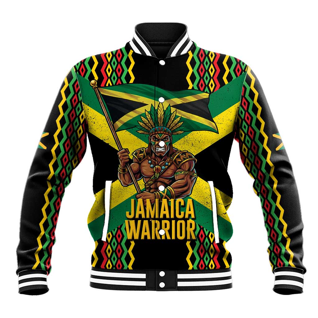 Jamaica Warrior Spirit Baseball Jacket Tribal Fighter in Reggae Colors - Wonder Print Shop
