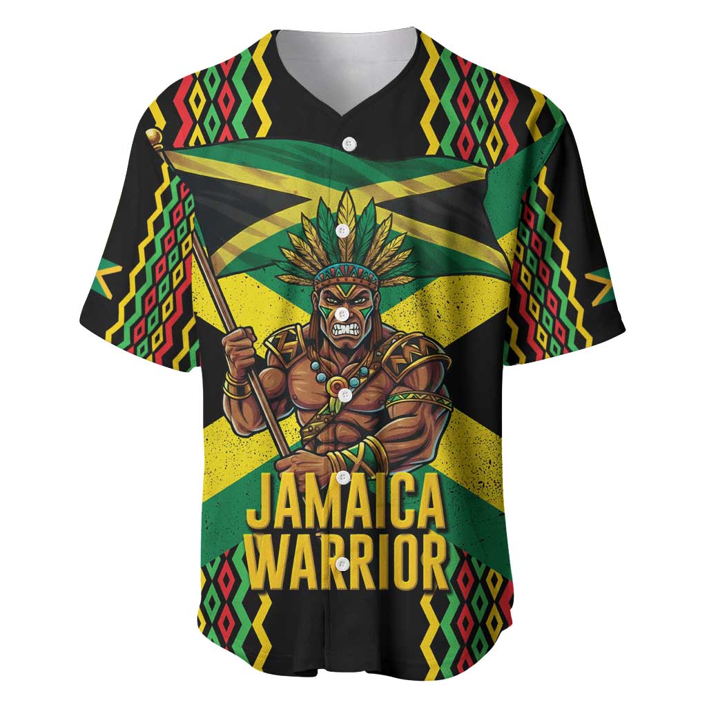 Jamaica Warrior Spirit Baseball Jersey Tribal Fighter in Reggae Colors - Wonder Print Shop