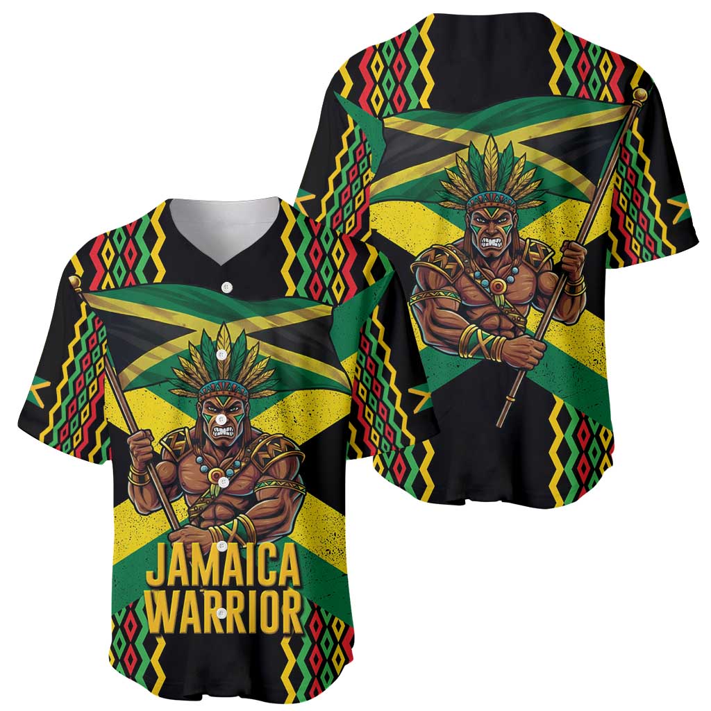 Jamaica Warrior Spirit Baseball Jersey Tribal Fighter in Reggae Colors - Wonder Print Shop