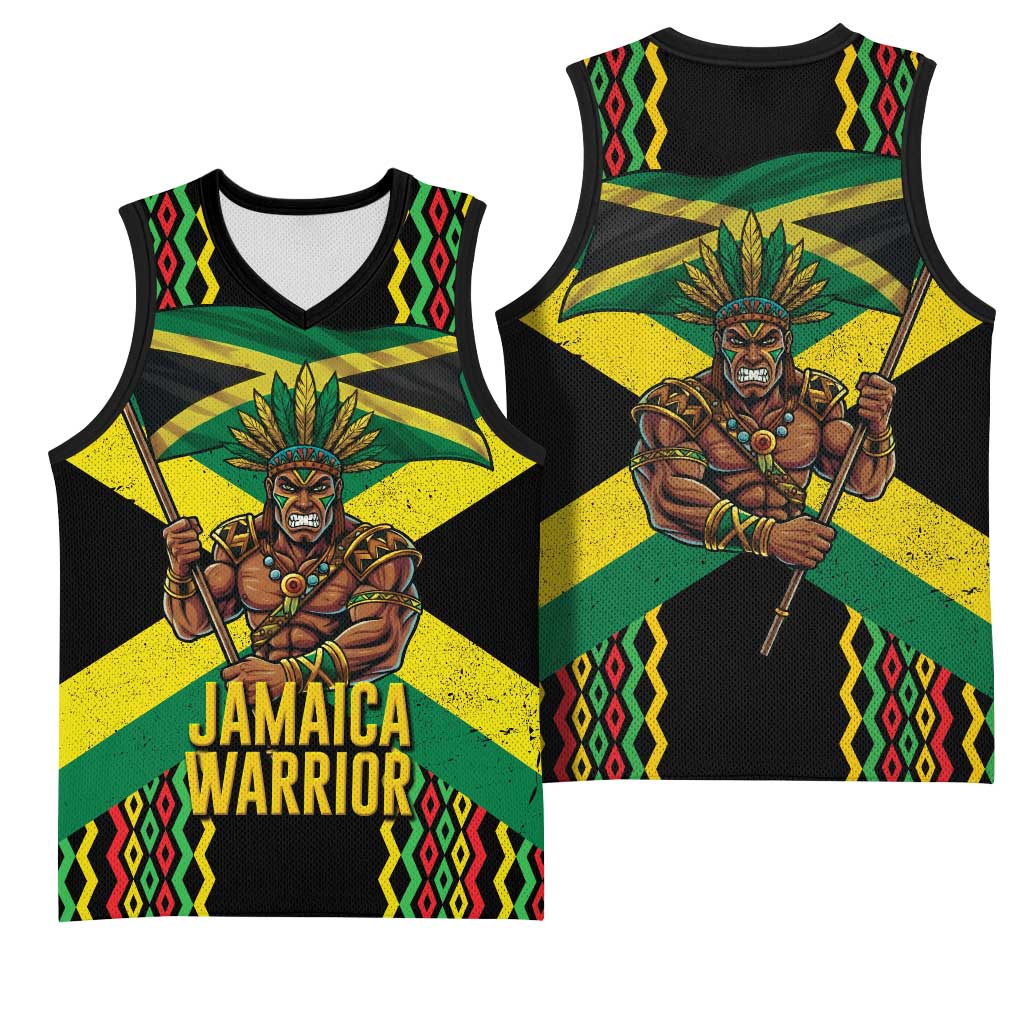 Jamaica Warrior Spirit Basketball Jersey Tribal Fighter in Reggae Colors - Wonder Print Shop