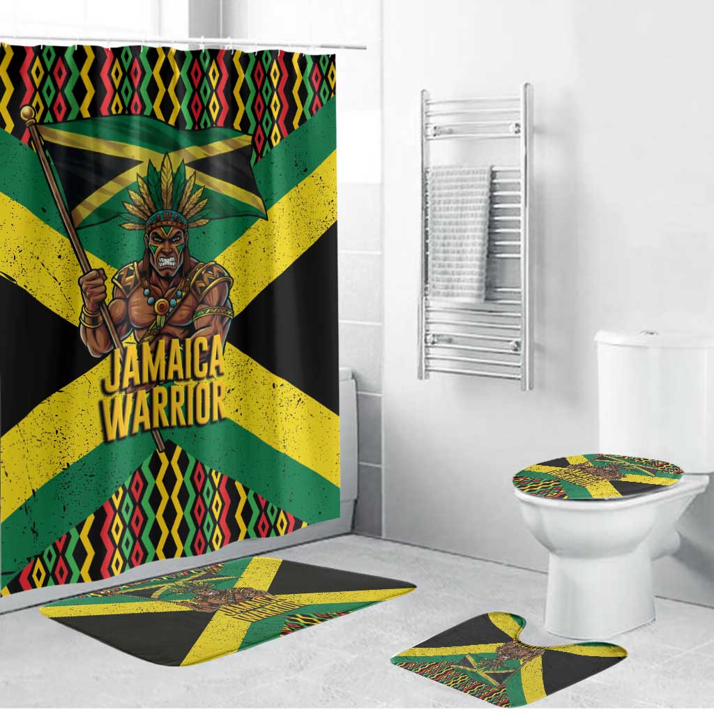 Jamaica Warrior Spirit Bathroom Set Tribal Fighter in Reggae Colors - Wonder Print Shop