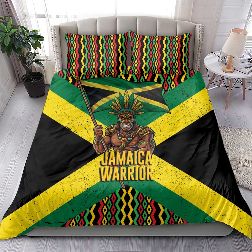 Jamaica Warrior Spirit Bedding Set Tribal Fighter in Reggae Colors - Wonder Print Shop