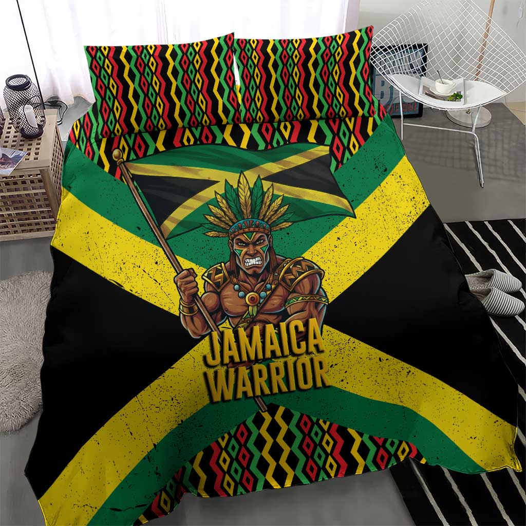 Jamaica Warrior Spirit Bedding Set Tribal Fighter in Reggae Colors - Wonder Print Shop