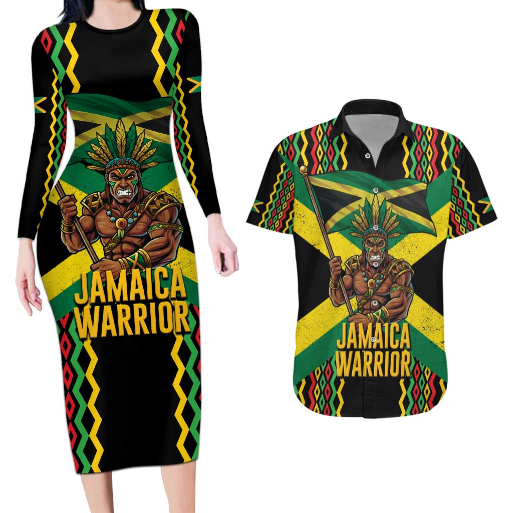 Jamaica Warrior Spirit Couples Matching Long Sleeve Bodycon Dress and Hawaiian Shirt Tribal Fighter in Reggae Colors - Wonder Print Shop